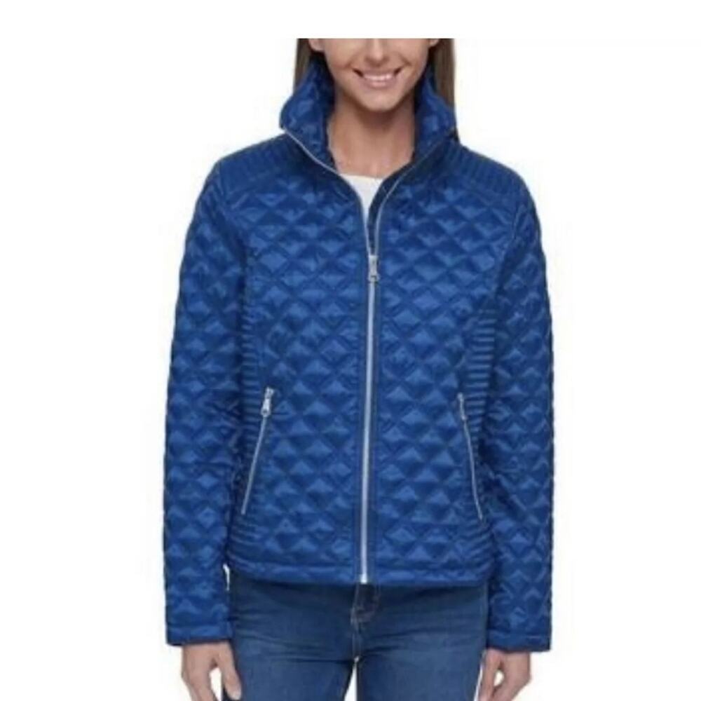 Quilted Winter Coat Jacket Marc New York Size Medium High Neck Full Zip Blue Puf - Picture 2 of 10